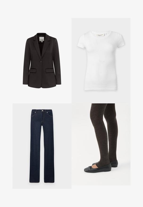 Čierny blazer vyrobený z hladkého materiálu s klopovým golierom, dvoma prednými vreckami, zapínaním na jeden gombík a prispôsobeným strihom.; Jednoduché biele priliehavé tričko s krátkym rukávom a okrúhlym výstrihom, zobrazené na rovnej ploche.; Tmavomodré rifle s rovnými nohavicami, prednými vreckami, očkami na opasok, kovovým gombíkom a detailmi prešívania na jednoduchom bielom pozadí.; Nohy v tmavých pásikavých legínach v kombinácii s čiernymi balerínkami s malými mašličkami na bielom pozadí.