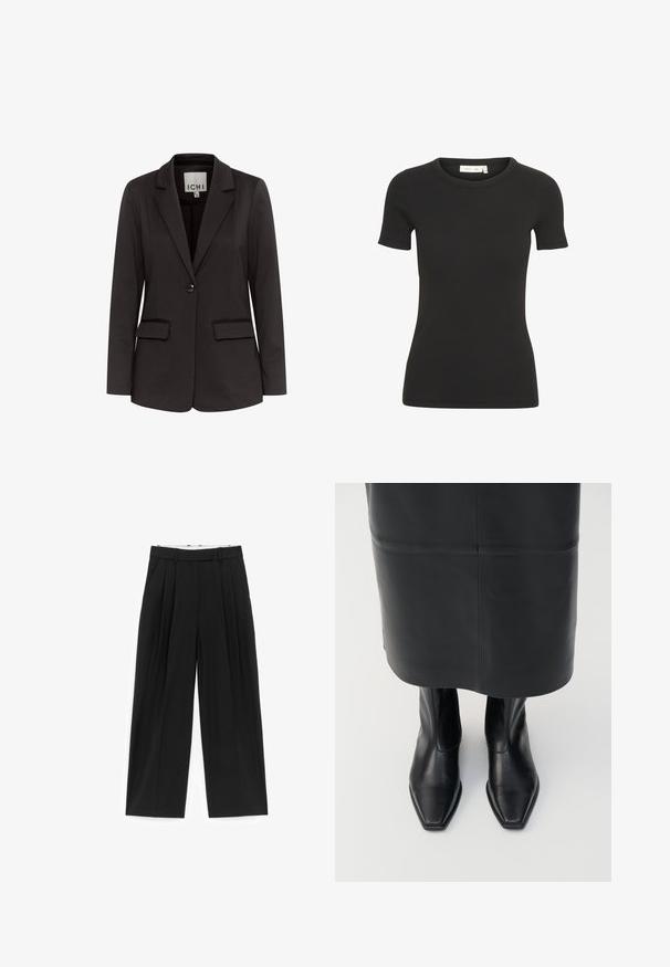 Blazer negro hecho de una tela suave con solapa muesca, dos bolsillos delanteros, cierre de un solo botón y corte entallado.; Camiseta ajustada de manga corta en negro con textura acanalada y cuello redondo. Diseño sencillo, sin logotipos ni patrones visibles.; Pantalones negros de pierna ancha con pliegues frontales, trabillas para cinturón y bolsillos laterales, diseñados para un ajuste entallado.; Botas altas de cuero negro con diseño de punta cuadrada y cremallera lateral. Textura suave y hardware minimalista; combinadas con una falda de cuero negro.