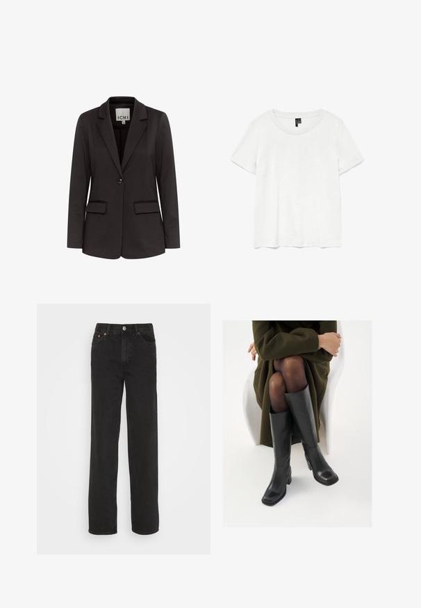 Zwarte blazer van gladde stof met een notch-lapels, twee voorzakken, enkel knoopsluiting en een getailleerde pasvorm.; Witte t-shirt met korte mouwen en een ronde hals, gemaakt van lichte stof. Eenvoudig ontwerp, gladde textuur en rechte zoom.; Zwarte rechte jeans met vijf zakken, een knoop aan de voorkant en riemlussen, weergegeven tegen een witte achtergrond.; Knieschijf hoge zwarte leren laarzen met een vierkante neus en blokhak, getoond met een model dat zit in een olijfgroene jas. Gladde textuur, minimale details.