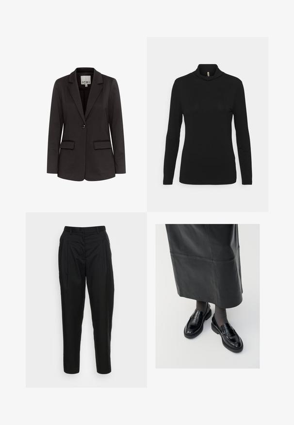 Čierny blazer vyrobený z hladkého materiálu s klopovým golierom, dvoma prednými vreckami, zapínaním na jeden gombík a prispôsobeným strihom.; Čierny dlhý rukáv rolák vyrobený z mäkkej tkaniny s voľným strihom a splývavým dizajnom goliera, s hladkou textúrou.; Monki Nohavice - solid; Čierne kožené poltopánky s hladkým povrchom, s dekoratívnym pásikom, okrúhlou špičkou a textúrovanou podrážkou. Nosené s dlhou čiernou koženou sukňou.