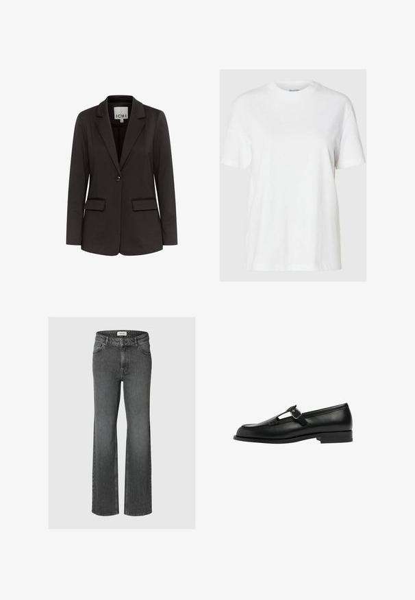 Zwarte blazer van gladde stof met een notch-lapels, twee voorzakken, enkel knoopsluiting en een getailleerde pasvorm.; Witte katoenen t-shirt met korte mouwen en een ronde halslijn. Heeft een relaxte pasvorm en een minimalistisch ontwerp zonder patronen of accenten.; Donkergrijze straight-leg spijkerbroek met voor- en achterzakken, knoopsluiting en riemlussen.; Zwarte leren instapper met een T-bar ontwerp en gespsluiting, platte zool, gladde textuur en gestikte accenten langs de randen.