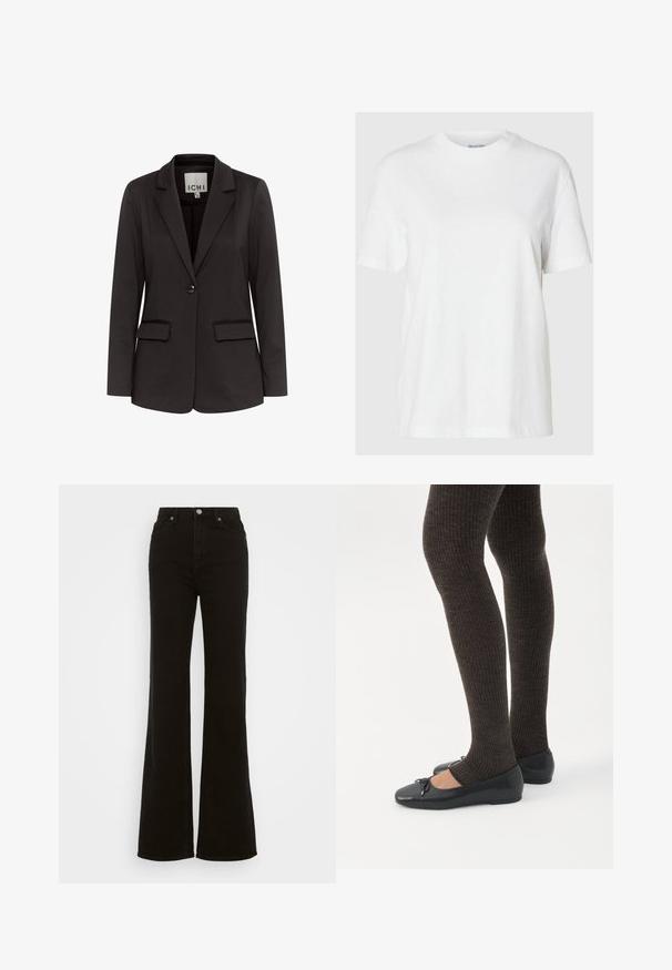 Sort blazer lavet af glat stof med spidse klapper, to forlommer, enkelt knaplukning og tætsiddende pasform.; Hvid bomuld t-shirt med korte ærmer og rund halsudskæring. Har en afslappet pasform og et minimalistisk design uden mønstre eller accenter.; Høj talje sorte flare jeans lavet af denim, med knaplukning, sidelommer og en glat tekstur.; Ben iført mørke ribbede leggings kombineret med sorte balletsko med små sløjfedetaljer på hvid baggrund.