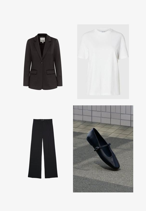 Čierny blazer vyrobený z hladkého materiálu s klopovým golierom, dvoma prednými vreckami, zapínaním na jeden gombík a prispôsobeným strihom.; Biela bavlnená tričko s krátkymi rukávmi a okrúhlym výstrihom. Má voľný strih a minimalistický dizajn bez vzorov alebo akcentov.; Čierne nohavice so širokými nohavicami, s pútkami na opasok, predným gombíkom a zipsovým zapínaním, položené na bielom pozadí.; Čierna kožená balerína Mary Jane s malým remienkom so sponou, položená na šedom asfaltovom povrchu pri obloženej stene.