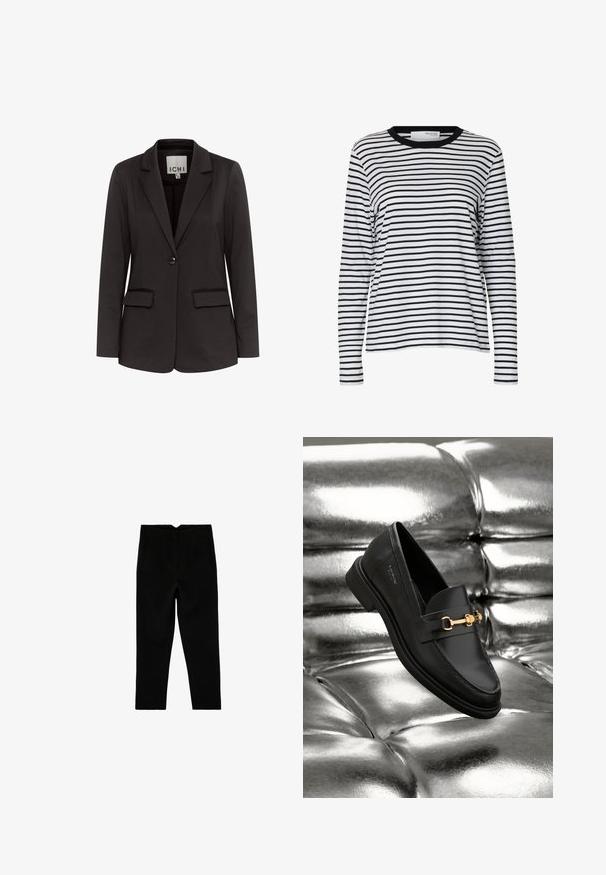 Blazer negro hecho de una tela suave con solapa muesca, dos bolsillos delanteros, cierre de un solo botón y corte entallado.; Camisa blanca de manga larga con rayas horizontales negras y cuello redondo negro, mostrada sobre un fondo blanco liso.; Pantalones negros a medida hasta el tobillo con bolsillos laterales y pierna ligeramente entallada, mostrados extendidos sobre un fondo blanco.; Mocasín de cuero negro con un detalle de herrajes en tono dorado. El zapato presenta un diseño elegante y una textura suave y brillante.