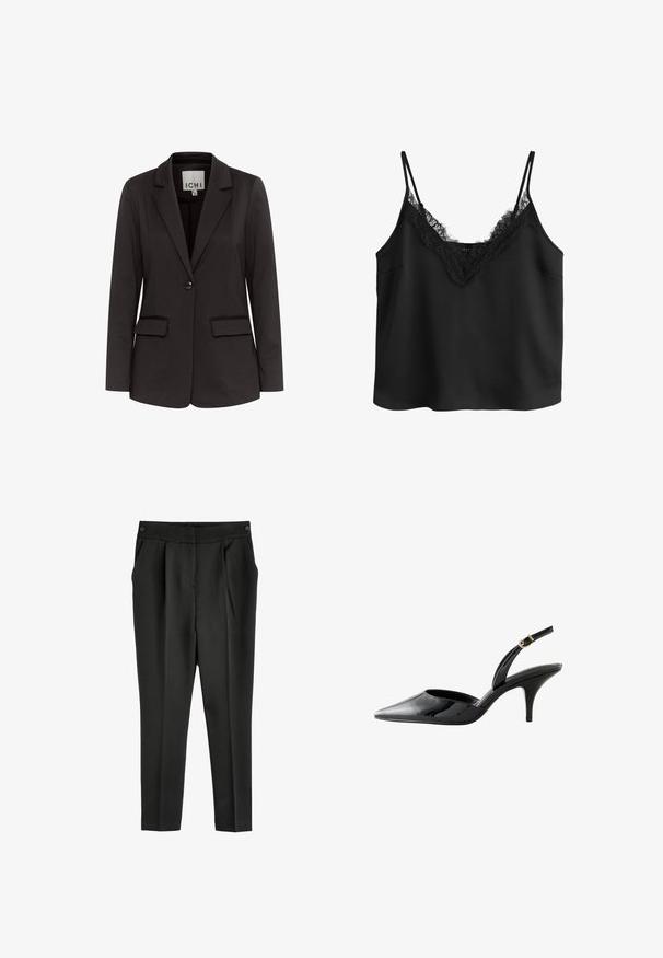 Zwarte blazer van gladde stof met een notch-lapels, twee voorzakken, enkel knoopsluiting en een getailleerde pasvorm.; Zwarte mouwloze camisetetop met fijne kanten rand langs de V-hals en dunne verstelbare schouderbandjes.; Zwarte op maat gemaakte broek met een tailleband, voorplooien en zijzakken. Gemaakt van een gladde stof, met een recht model en zonder zichtbare patronen.; Zwart lakleren slingback pumps met een spitse neus, een smalle hak en een gouden gesp op het enkelbandje.