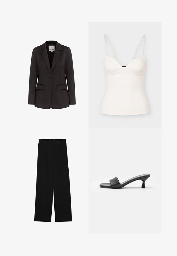 Schwarze Blazer aus glattem Stoff mit Gegenzugklappen, zwei Fronttaschen, einer Knopfschließe und taillierter Passform.; Weißes, eng anliegendes ärmelloses Camisole-Top mit dünnen, verstellbaren Spaghettiträgern und einem leichten herzförmigen Ausschnitt.; Schwarze weit geschnittene Hose mit einem gerüschten Bund, ausgestattet mit zwei Seitentaschen und einem glatten, leichten Stoff. Keine sichtbaren Muster oder Beschläge.; Schwarze Absatzmules mit einem glatten, matten Lederoberteil, offenem Zeh, breitem Riemen über dem Spann und schlankem, quadratischem Absatz.