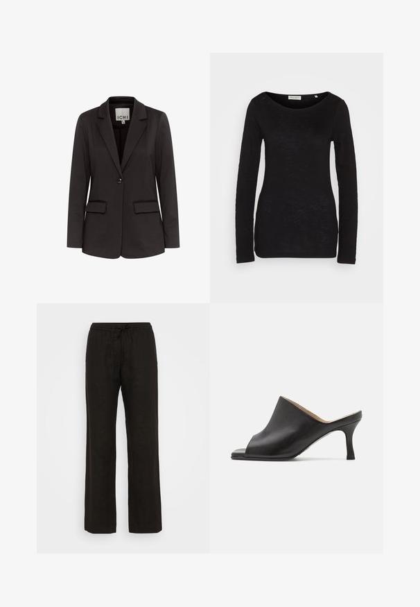 Schwarze Blazer aus glattem Stoff mit Gegenzugklappen, zwei Fronttaschen, einer Knopfschließe und taillierter Passform.; Schwarzes Langarm-Oberteil mit weitem Ausschnitt, aus einem strukturierten Stoff gefertigt. Verfügt über enganliegende Ärmel und eine schlanke Silhouette.; Schwarze Leinenhosen mit einer lockeren Passform, ausgestattet mit einem elastischen Bund und verstellbarem Kordelzug. Geschmeidige Textur und weit geschnittenes Bein.; Selected ASHLEY - Pantolette hoch - black