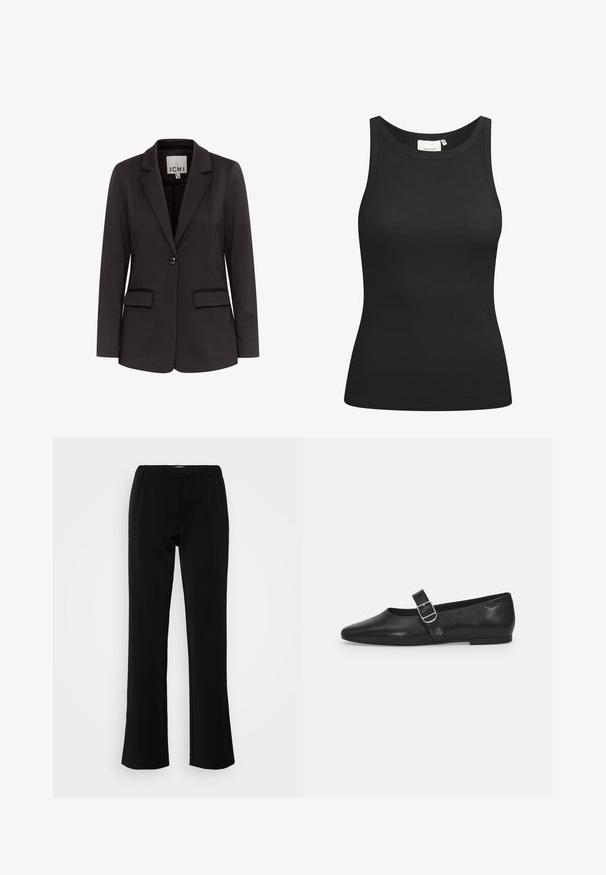 Zwarte blazer van gladde stof met een notch-lapels, twee voorzakken, enkel knoopsluiting en een getailleerde pasvorm.; Zwarte tanktop van ribstof, met een ronde hals en een aansluitende pasvorm. Platte naden en zonder versieringen. Eenvoudig en strak ontwerp.; Zwarte broek met een soepel flared ontwerp, gemaakt van een gladde stof. Heeft een elastische tailleband voor comfort en een strakke, eenvoudige silhouet.; Zwarte leren platte schoen met een ronde neus, een enkele verstelbare gespsluiting en een gladde, glanzende textuur. Minimalistisch ontwerp met een lage hak.