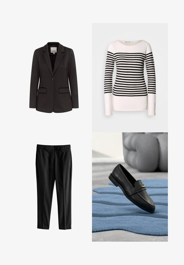 Čierny blazer vyrobený z hladkého materiálu s klopovým golierom, dvoma prednými vreckami, zapínaním na jeden gombík a prispôsobeným strihom.; Dlhý rukáv pruhované tričko s čierno-bielymi horizontálnymi pruhmi, loďkovým výstrihom a priliehavým strihom. Materiál z bavlneného zmesi.; Next TAILORED SLIM - Nohavice - black; Čierna kožená mokasína so zlatým dekoratívnym detailom na modrom textúrovanom koberci s abstraktnými tvarmi a rozmazaným zakriveným sivým objektom v pozadí.