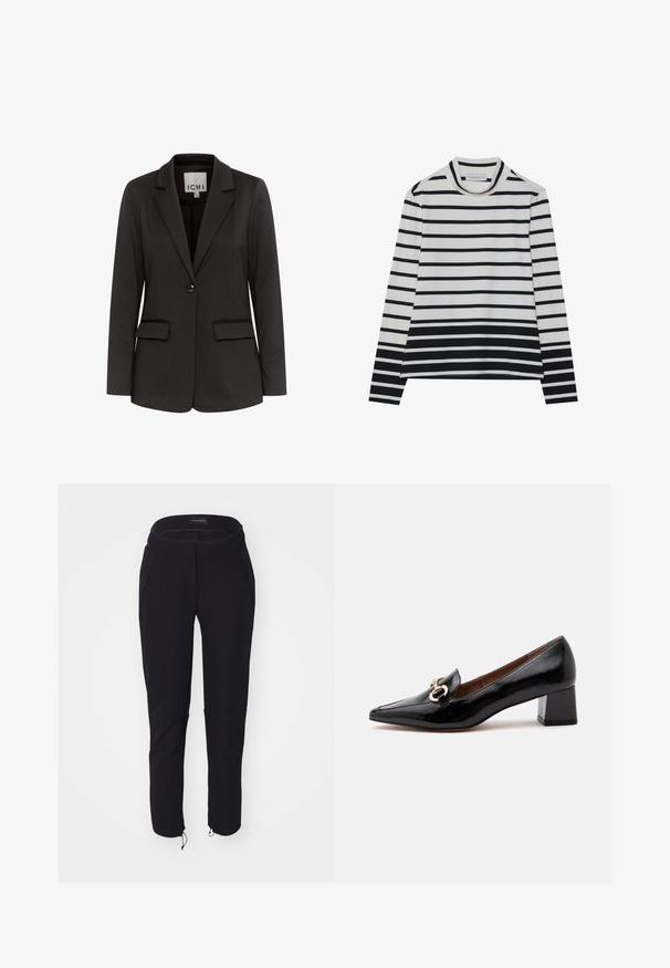 Čierny blazer vyrobený z hladkého materiálu s klopovým golierom, dvoma prednými vreckami, zapínaním na jeden gombík a prispôsobeným strihom.; Dlhý rukáv z bavlny s horizontálnymi čierno-bielymi pruhmi, vysokým golierom a voľným strihom so bočnými rozparkom.; Čierne nohavice s hladkou textúrou, s priliehavým strihom, elastickým pásom, dvoma vreckami a nastaviteľnými nohavicami s šnúrkami.; Čierne lakované kožené mokasíny s nízkym blokovým podpätkom, zlatým reťazovým detailom na vrchu, špicatou špičkou a hnedou vnútornou podšívkou.