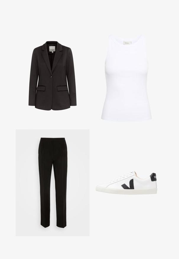 Zwarte blazer van gladde stof met een notch-lapels, twee voorzakken, enkel knoopsluiting en een getailleerde pasvorm.; Witte geribde tanktop met een ronde halslijn en zonder mouwen. Rekbaar materiaal en een aansluitend ontwerp. Het label op de achterkant zegt "GESTUZ."; Zwarte broek met een getailleerd ontwerp, rechte pijpen, enkele plooien en zakdetails. Gemaakt van een gladde, lichte stof.; Witte sneaker met een zwart V-logo, voorzien van een gladleren bovenwerk, ronde neus, vetersluiting en een contrasterende zwarte hieltab.
