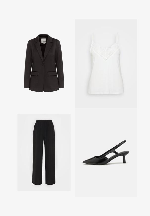 Sort blazer lavet af glat stof med spidse klapper, to forlommer, enkelt knaplukning og tætsiddende pasform.; Hvid cami-top med tynde stropper, der har et blonde V-halsdesign og glat tekstur. Enkel, tætsiddende form uden yderligere mønstre.; Sorte vide bukser med elastisk talje, fremstillet af et tekstureret stof og med løs pasform. Designet til komfort og nem bevægelse.; Sorte slingback hæle med spidse tæer, lavet af blankt materiale, med udskæringsdetaljer og en moderat hæl for støtte.