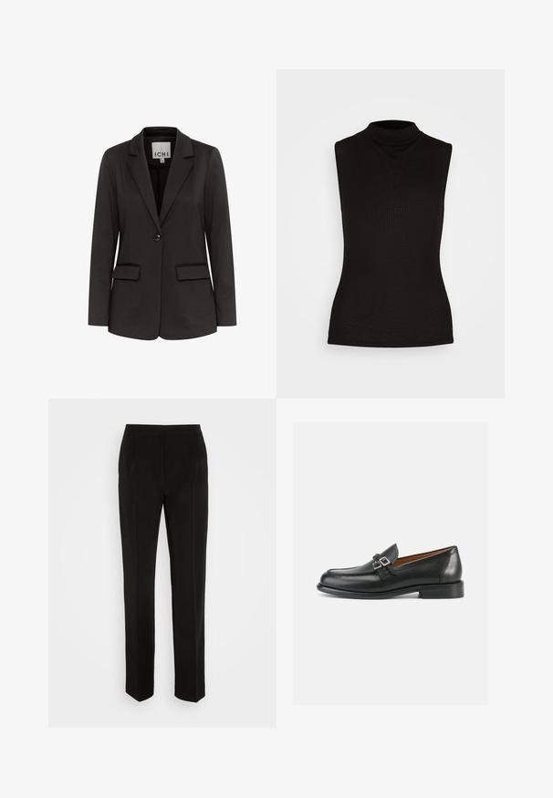 Čierny blazer vyrobený z hladkého materiálu s klopovým golierom, dvoma prednými vreckami, zapínaním na jeden gombík a prispôsobeným strihom.; Čierny bezrukávový rolák vyrobený z jemne ribbovaného materiálu, s vysokým golierom a priliehavým strihom. Bez vzorov alebo akcentov.; Čierne nohavice s upraveným strihom, rovnými nohavicami, jedným záhybom a detailmi vrecka. Vyrobené z jemnej, ľahkej tkaniny.; Čierne kožené mokasíny s prešívaným dizajnom, vybavené dvojitou prackou a mierne zvýšeným opätkom pre väčšiu výšku.