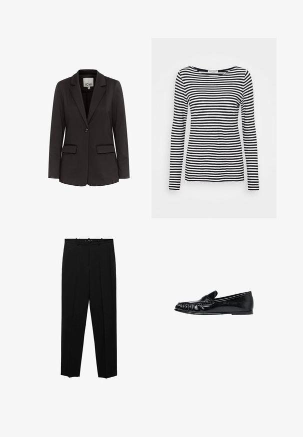 Čierny blazer vyrobený z hladkého materiálu s klopovým golierom, dvoma prednými vreckami, zapínaním na jeden gombík a prispôsobeným strihom.; Dlhý rukáv, tričko s okrúhlym výstrihom, s čiernobielym pruhovaným vzorom. Vyrobené z mäkkého materiálu s bežným strihom. Čistý, minimalistický dizajn.; Čierne nohavice s rovnými nohavicami, ktoré majú predné záhyby, hladkú textúru a štandardný pás s pútkami na opasok.; Čierny kožený mokasín s vyšívaním v štýle mokasínov a s plochou podrážkou zobrazený z pravej strany na bielom pozadí.