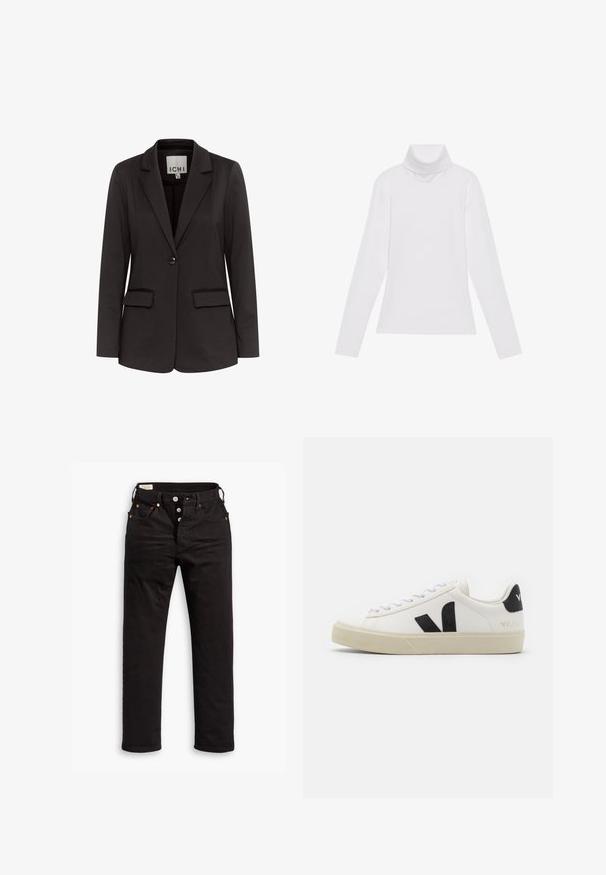 Blazer negro hecho de una tela suave con solapa muesca, dos bolsillos delanteros, cierre de un solo botón y corte entallado.; Top blanco de manga larga y cuello alto, confeccionado en una tela suave y elástica. Presenta un diseño ajustado, sin patrones o adornos visibles.; Vaqueros negros de pierna recta con cierre de botón, bolsillos delanteros y traseros, y detalles de remaches de cobre sobre un fondo blanco.; Zapatilla de cuero blanca con logo V de goma negra. Suela texturizada en blanco roto, cordones blancos y detalle en el talón trasero con el nombre de la marca en negro.