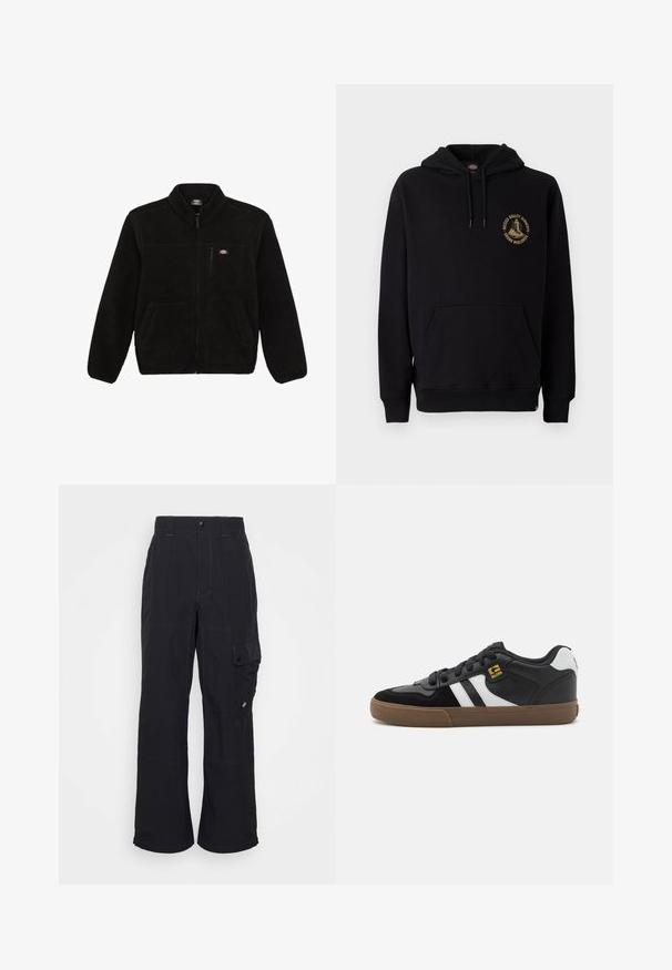 Schwarze Fleecejacke mit einem Reißverschluss vorne, hohem Kragen und zwei aufgesetzten Taschen vorne. Hat ein kleines Logo auf der oberen linken Brust.; Schwarzer Hoodie mit Kängurutasche, Kordeln und einem goldenen Grafiklogo auf der linken Brust. Hergestellt aus weichem, strukturiertem Stoff.; Schwarze Cargo-Hosen aus strukturiertem Stoff, mit weiter Beinform, sichtbaren Nähten und einer seitlichen Tasche mit Druckknopfverschluss.; Schwarz-weiße Sneakers mit einem Obermaterial aus Wildleder und Leder, ausgestattet mit weißen Streifen, schwarzen Schnürsenkeln und einer braunen Gummisohle. Mit goldenen Logo-Akzenten.