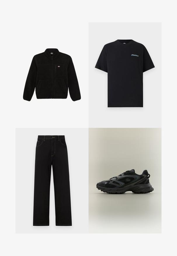Sort fleecejakke med lynlås i front, høj krave og to frontlommer. Har et lille logo på venstre bryst.; Sort T-shirt med korte ærmer og rund hals med lille multifarvet "Dickies"-logo på venstre bryst mod en ensfarvet baggrund.; Sorte denimbukser med lige pasform, der har frontlommer, kontrastgule syninger og en knaplukning i taljen.; Sort atletisk sko med meshpaneler, en tekstureret sål, snørebånd og en buet silhuet med sølvfarvede accenter på siderne.
