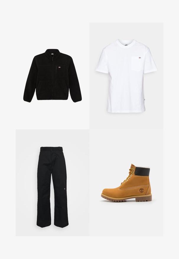Veste en polaire noire avec une fermeture éclair à l'avant, col haut et deux poches plaquées à l'avant. Présente un petit logo sur le côté supérieur gauche de la poitrine.; T-shirt en coton blanc avec un col rond, des manches courtes et une poche poitrine arborant un petit logo de la marque sur le côté gauche.; Pantalon noir en tissu robuste, présentant une coupe droite, des passants pour ceinture et un petit logo sur le côté inférieur.; Bottine en cuir brun avec œillets en métal, doublure en fourrure blanche, col rembourré noir, semelle robuste et logo en relief sur le côté.