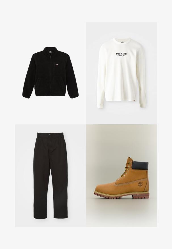 Schwarze Fleecejacke mit einem Reißverschluss vorne, hohem Kragen und zwei aufgesetzten Taschen vorne. Hat ein kleines Logo auf der oberen linken Brust.; Weißes Langarm-Sweatshirt mit Rippstruktur, das ein schwarzes Logo "DICKIES" mit "SINCE '22" darunter zeigt, Rundhals und umgenähte Ärmel.; Schwarze Hose aus glattem Stoff, mit Knopfverschluss, geradem Schnitt und zwei vorderen Falten für zusätzlichen Detail.; Brauner Leder-Stiefelette mit schwarzem Kragen, gelben Schnürsenkeln und hellbrauner Sohle. Verfügt über ein Logo und weiße Ziernähe. Robuste Profilsohle.