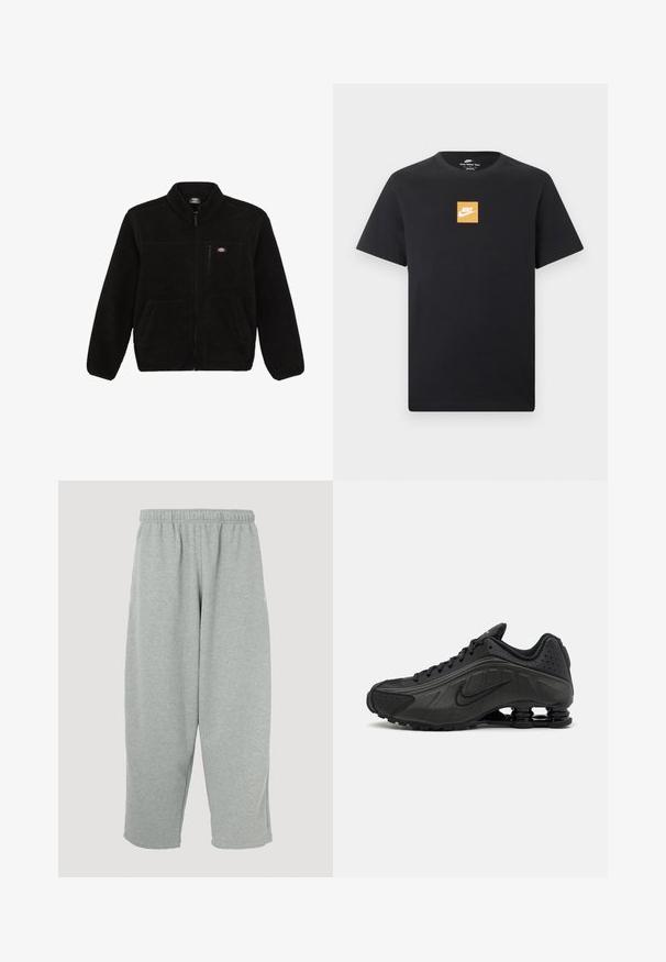 Sort fleecejakke med lynlås i front, høj krave og to frontlommer. Har et lille logo på venstre bryst.; Sort kortærmet Nike T-shirt med en lille orange firkantet logo og hvid Nike-swoosh placeret centralt på brystet.; Lysegrå joggingbukser med elastisk taljebånd, konisk ben-design og blød tekstur. Ingen synligt mærke eller mønstre.; Sorte løbesko med en glat syntetisk overdel, perforerede detaljer, teksturerede sidedele og en distinkt fjedrende sål.