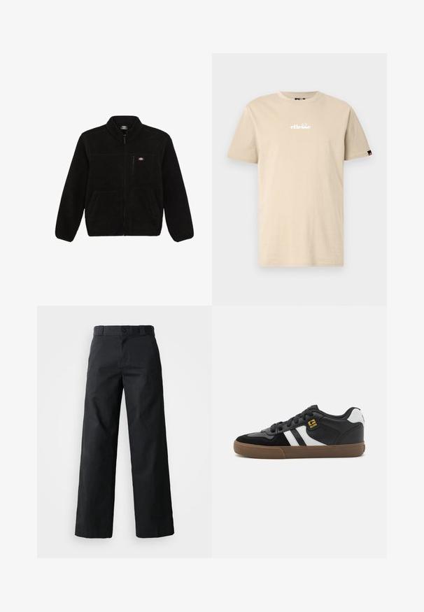 Chaqueta de forro polar negra con cierre en la parte delantera, cuello alto y dos bolsillos frontales tipo parche. Presenta un pequeño logo en la parte superior del lado izquierdo del pecho.; Camiseta de algodón beige con cuello redondo, mangas cortas y un logo "ellesse" en blanco impreso en el pecho. Cuenta con una etiqueta de acento negra.; Pantalones de pierna ancha negros hechos de algodón. Cuenta con cierre de botón, lazos para cinturón y bolsillos laterales. Textura suave con un corte ajustado.; Zapatillas en blanco y negro con parte superior de ante y cuero, que presentan franjas blancas, cordones negros y una suela de goma marrón. Acentos de logo dorados.