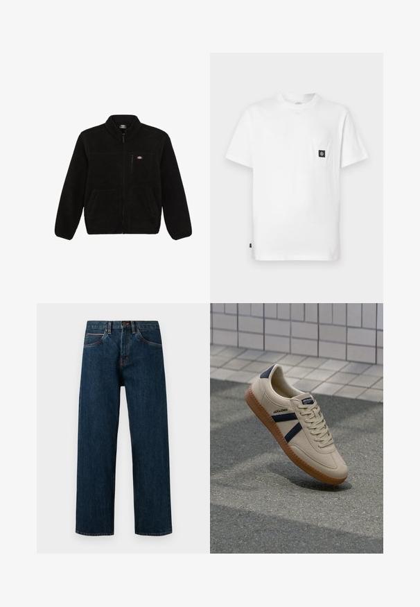 Zwarte fleecejack met een ritssluiting aan de voorkant, hoge kraag en twee voorzakken. Heeft een klein logo op de bovenste linkerborst.; Witte katoenen T-shirt met een ronde hals, korte mouwen en een borstzakje met een zwarte logo-patch. Gladde textuur, losse pasvorm.; Donkerblauwe spijkerbroeken met een rechte snit, met vijf zakken en contrasterende oranje stiksels langs de naden.; Beige sneaker met een textuurafwerking, marineblauwe strepen en een rubberen zool. Heeft een gevoerde tong en een traditioneel vetersysteem voor een veilige pasvorm.