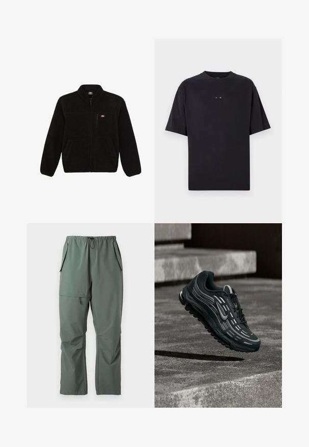 Zwarte fleecejack met een ritssluiting aan de voorkant, hoge kraag en twee voorzakken. Heeft een klein logo op de bovenste linkerborst.; Oakley RISE TEE - T-shirt basic - blackout; Groene, lichte broeken met een elastische tailleband, trekkoord en meerdere zakken. Gladde textuur met een ontspannen, losse pasvorm.; Zwarte en grijze Nike Air Max sneaker zwevend boven grijze betonnen trappen met een gestructureerde achtergrond van de grond.