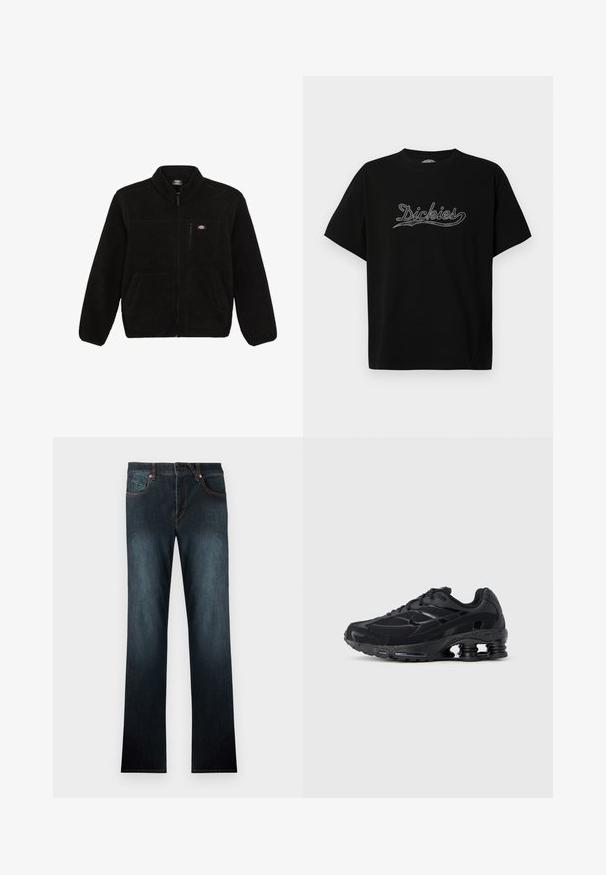 Schwarze Fleecejacke mit einem Reißverschluss vorne, hohem Kragen und zwei aufgesetzten Taschen vorne. Hat ein kleines Logo auf der oberen linken Brust.; Schwarzes T-Shirt mit kurzen Ärmeln und dem "Dickies"-Logo in Kursivschrift quer über der Brust auf weißem Hintergrund.; Dunkelblaue Jeans aus Denim mit geradem Bein, Fünf-Taschen-Stil, Kupfernieten und Knopfverschluss. Glatte Textur mit minimalem Verblassen.; Schwarzer Sportschuh mit Obermaterial aus Mesh, gepolstertem Kragen und hervorgehobener Dämpfungstechnologie an der Ferse. Verfügt über strukturierte Akzente und Schnürsenkel.