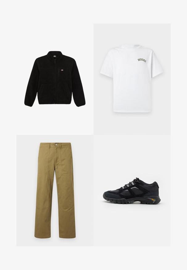 Sort fleecejakke med lynlås i front, høj krave og to frontlommer. Har et lille logo på venstre bryst.; Hvid bomuld t-shirt med korte ærmer og rund halsudskæring. Har en grøn broderet "DICKIES"-logo på venstre brystområde.; Kaki bukser med lige ben, synlige sømdetaljer, bæltestropper, knaplukning foran og lapper ved knæene.; Sort udendørs sko lavet af ruskind og mesh med en robust sål. Har grå accenter og Vibram-branding på siden. Snøredesign.
