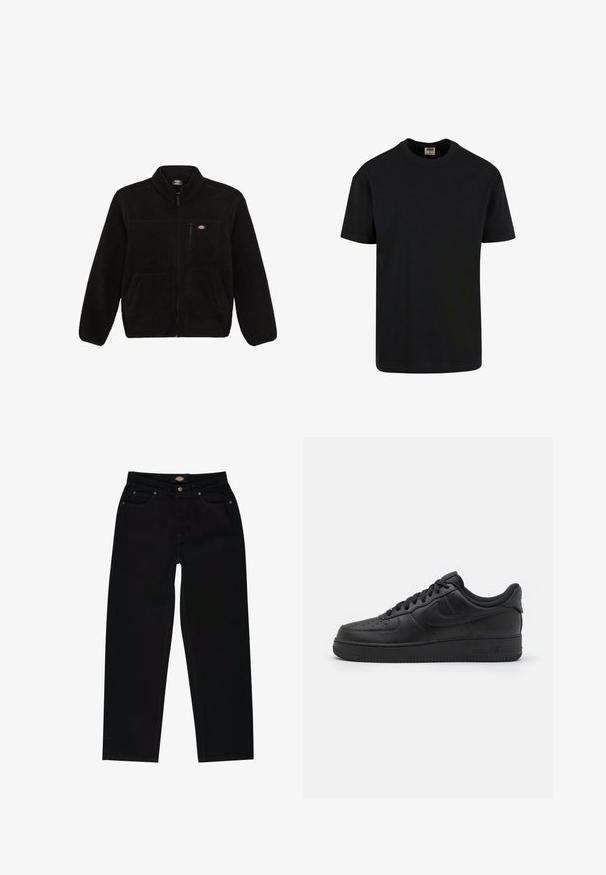 Sort fleecejakke med lynlås i front, høj krave og to frontlommer. Har et lille logo på venstre bryst.; Urban Classics SHORTSLEEVE - T-shirts basic - black; Sorte denim jeans med lige pasform, der har fem lommer, brun syning og lynlåslukning. Glat tekstur og holdbart materiale.; Nike Sportswear AIR FORCE 1 07 FLYEASE - Sneakers - black