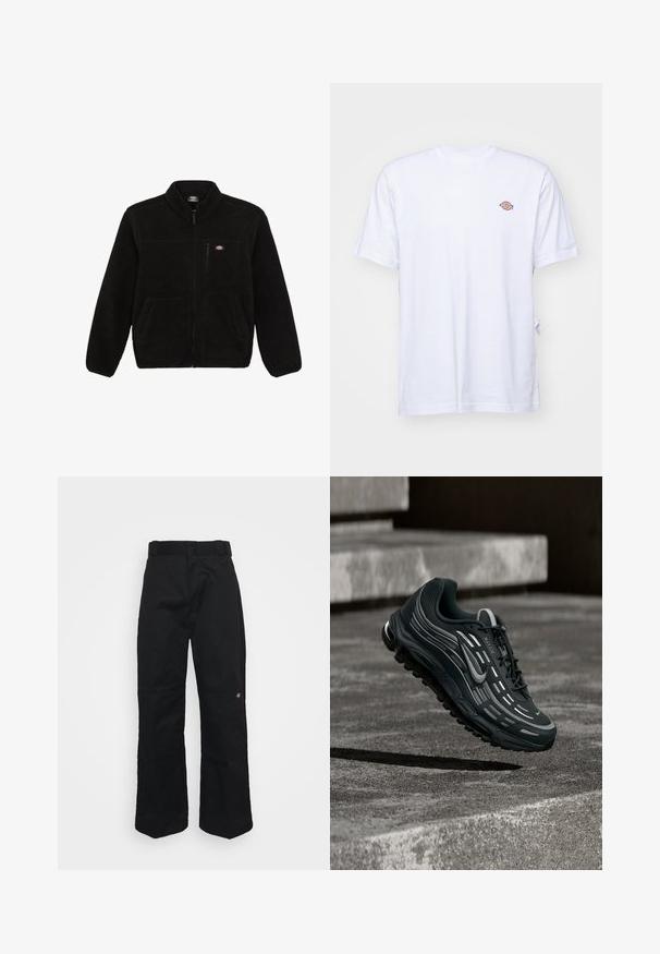 Schwarze Fleecejacke mit einem Reißverschluss vorne, hohem Kragen und zwei aufgesetzten Taschen vorne. Hat ein kleines Logo auf der oberen linken Brust.; Weißes Baumwoll-T-Shirt mit V-Ausschnitt und kurzen Ärmeln. Besitzt ein kleines, buntes, gesticktes Logo auf der linken Brustseite. Weiches Material.; Schwarze Hosen aus stabilem Stoff mit geradem Bein, Bundschlaufen und einem kleinen Logo an der unteren Seite.; Schwarzer und grauer Nike Air Max Sneaker, der über graue Betonstufen mit strukturiertem Bodenhintergrund schwebt.