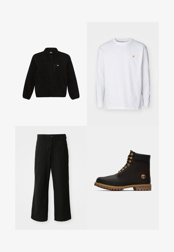 Schwarze Fleecejacke mit einem Reißverschluss vorne, hohem Kragen und zwei aufgesetzten Taschen vorne. Hat ein kleines Logo auf der oberen linken Brust.; Weißes Langarm-T-Shirt aus Baumwolle. Mit kleinem goldenem Logo auf der Brust und Rundhalsausschnitt. Einfaches Design und normale Passform.; Schwarze weit geschnittene Hose aus weichem Stoff, mit Fronttaschen und einem Knopfverschluss an der Taille. Minimalistisches Design ohne sichtbare Muster.; Schwarze Leder-Ankle-Boots mit goldenen Ösen, braunen Akzenten und einer Gummisohle. Verfügt über einen gepolsterten Schaft und ein geprägtes Logo an der Seite.