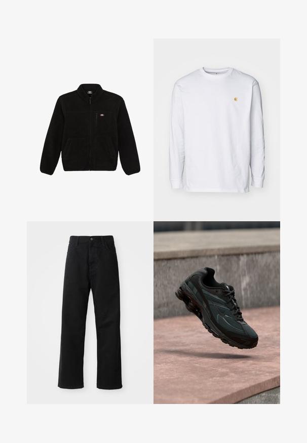 Veste en polaire noire avec une fermeture éclair à l'avant, col haut et deux poches plaquées à l'avant. Présente un petit logo sur le côté supérieur gauche de la poitrine.; T-shirt à manches longues blanc en coton. Présente un petit logo doré sur la poitrine et un col rond. Design simple et coupe standard.; Pantalons en denim noir à coupe droite, avec poches avant, fermeture éclair et un seul bouton supérieur. Tissu texturé avec une finition mate.; Baskets athlétiques noires avec une semelle intercalaire à coussin d’air visible flottant au-dessus d’une surface en pierre rose avec un mur en pierre gris en arrière-plan.