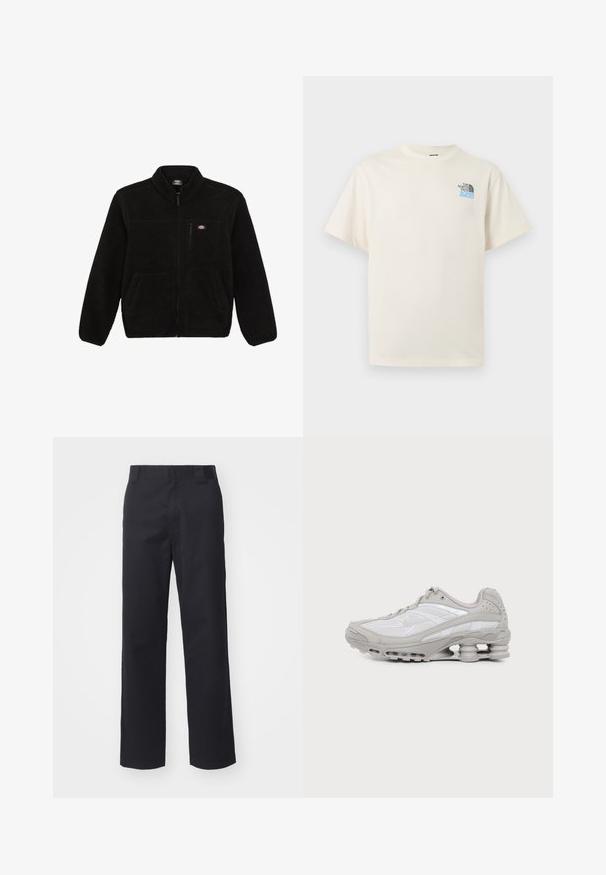 Zwarte fleecejack met een ritssluiting aan de voorkant, hoge kraag en twee voorzakken. Heeft een klein logo op de bovenste linkerborst.; Off-white T-shirt met korte mouwen, ronde hals en een klein zwartblauw The North Face-logo op de linkerborst.; Zwarte rechte broek van een katoenmix. Heeft een platte tailleband met riemlussen en geen zichtbare hardware of versieringen.; Grijze en witte sportschoen met zichtbare luchtkussenzool en meshpanelen, in profiel weergegeven op een eenvoudige lichte achtergrond.
