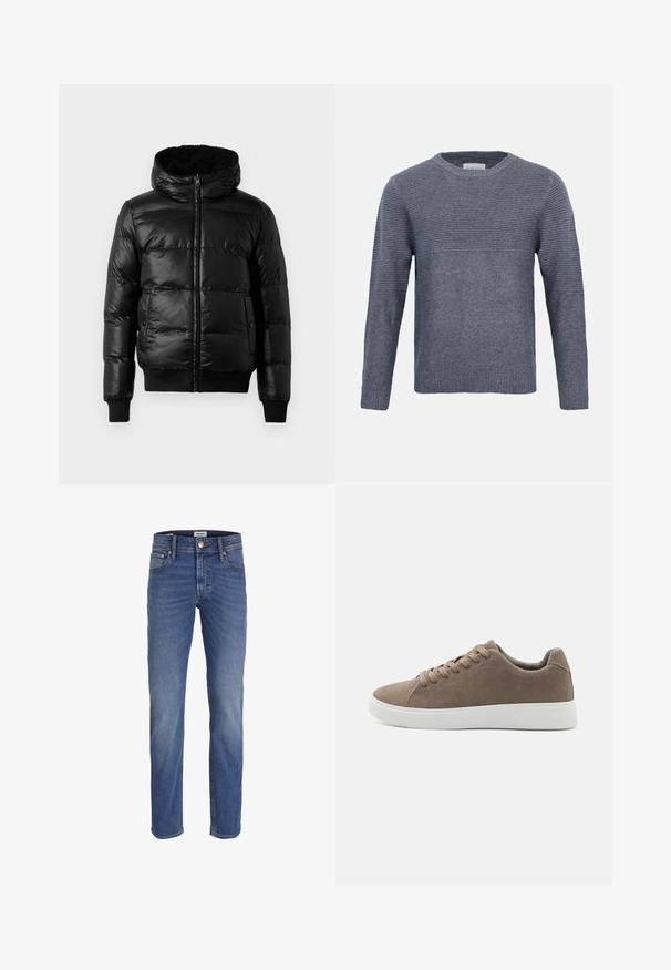 Veste en duvet noire avec un extérieur brillant et matelassé, une capuche doublée et des bords côtelés au niveau des poignets et de l'ourlet. Dispose d'une fermeture éclair sur le devant.; Pull gris en maille, manches longues, avec texture côtelée sur le haut de la poitrine et les manches, maille unie sur le bas du buste et les poignets, col rond.; Jean en denim bleu à jambe droite avec fermeture à boutons et zip, poches avant et arrière, et légère décoloration aux cuisses et aux genoux.; Baskets en daim marron avec des semelles en caoutchouc blanc plat, design lacé, bout rond et texture lisse. Style minimaliste avec des détails de couture subtils.