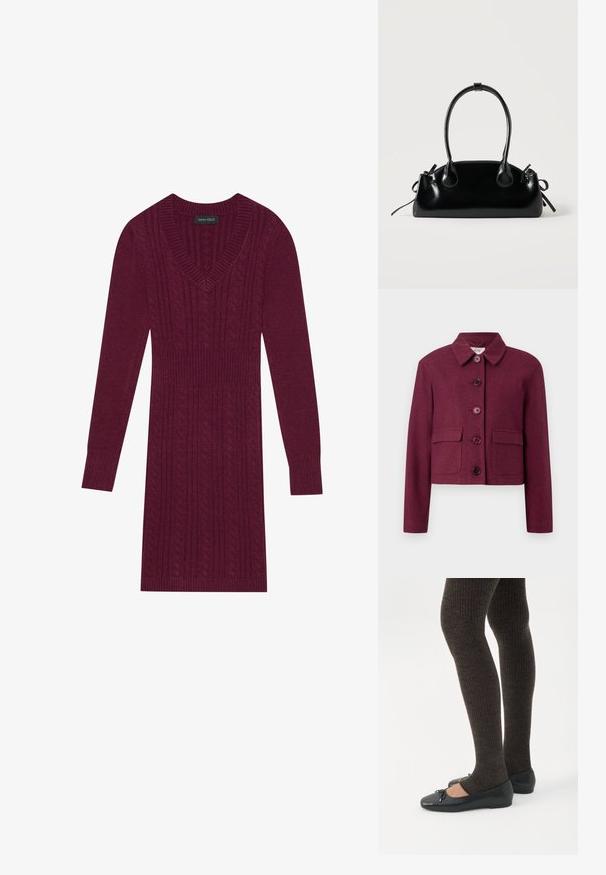 Veste cropped bordeaux en tissu texturé avec un col pointu, cinq boutons et deux poches avant.; Robe tricotée bordeaux avec un décolleté en V, des manches longues, des manches côtelées et un motif en maille torsadée sur l'ensemble. Conception à taille cintrée.; Jambes portant des leggings côtelés foncés associés à des ballerines noires avec de petits détails en nœud sur fond blanc.; Petit sac à main noir brillant avec deux longues anses et des détails à cordon sur les côtés sur un fond clair uni.