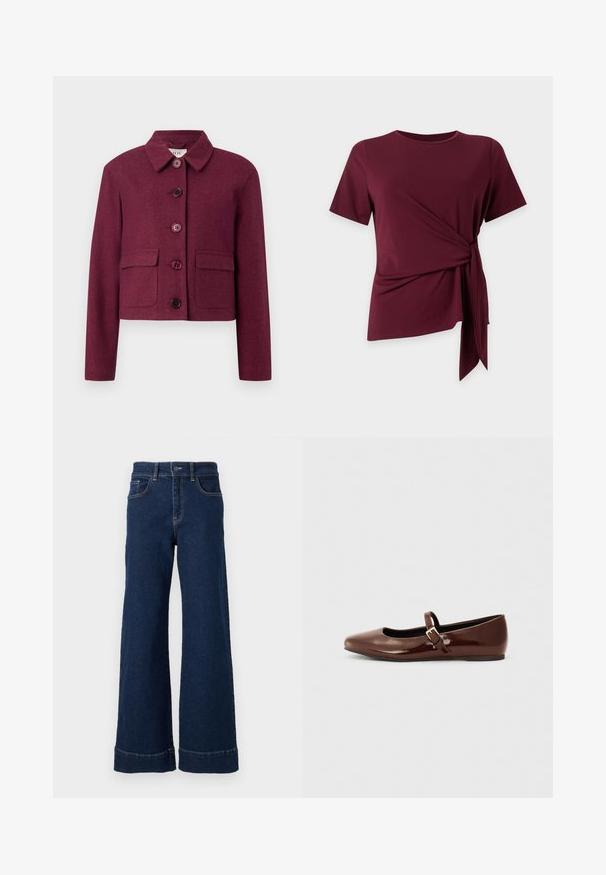 Veste cropped bordeaux en tissu texturé avec un col pointu, cinq boutons et deux poches avant.; Haut bordeaux à manches courtes avec col rond et détail noué sur le côté créant un ourlet froncé et asymétrique sur un fond uni.; Jean en denim bleu foncé à coupe large. Présente un design classique à cinq poches, une fermeture à bouton et des détails de ourlet replié.; Ballerine en cuir verni marron avec un bout carré et une lanière ornée d'une petite boucle dorée. Texture lisse, talon bas et design minimaliste.
