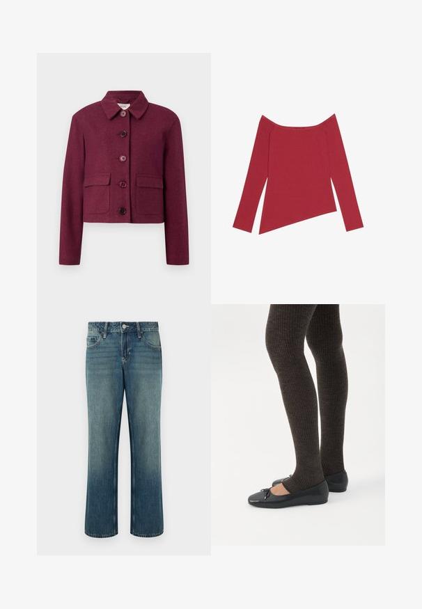 Veste cropped bordeaux en tissu texturé avec un col pointu, cinq boutons et deux poches avant.; Haut rouge dénudé d'une épaule avec des manches longues, texture côtelée, et un ourlet asymétrique, présentant une finition lisse et des coutures discrètes.; Jean en denim bleu à coupe droite, taille mi-haute, cinq poches et légère décoloration. Fermeture par bouton et passants pour ceinture inclus.; Jambes portant des leggings côtelés foncés associés à des ballerines noires avec de petits détails en nœud sur fond blanc.