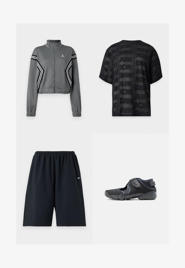 Grijze, korte trainingsjack van gladde stof met een hoge kraag, ritssluiting aan de voorkant en zwart-witte strepen op de mouwen. Heeft een logo op de borst.; Zwart mesh t-shirt met korte mouwen met een herhalend "Air Jordan" tekstpatroon en een klein Jordan Jumpman-logo in het midden van de voorste halslijn.; Zwarte Nike sportshorts met elastische tailleband en klein wit Swoosh-logo op de rechterdij, weergegeven tegen een effen achtergrond.; Zwarte sportschoen met bovenwerk van mesh, twee verstelbare klittenbandbandjes en een gevoerd zool voor comfort en flexibiliteit.