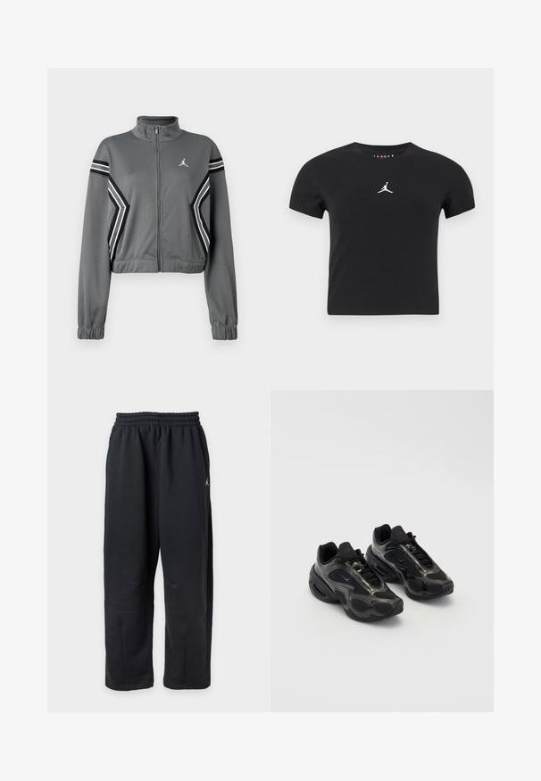 Grijze, korte trainingsjack van gladde stof met een hoge kraag, ritssluiting aan de voorkant en zwart-witte strepen op de mouwen. Heeft een logo op de borst.; Zwarte kortebragens T-shirt met korte mouwen en wit Jumpman-logo gecentreerd op de borst tegen een effen achtergrond.; Zwarte losse sweatpants met elastische tailleband en klein wit logo aan de rechterkant.; Zwarte sportieve schoenen van synthetisch materiaal, met gaasaccenten en ronde zolen. Beschikt over een vetersysteem en een opvallend Nike-logo op de tong.