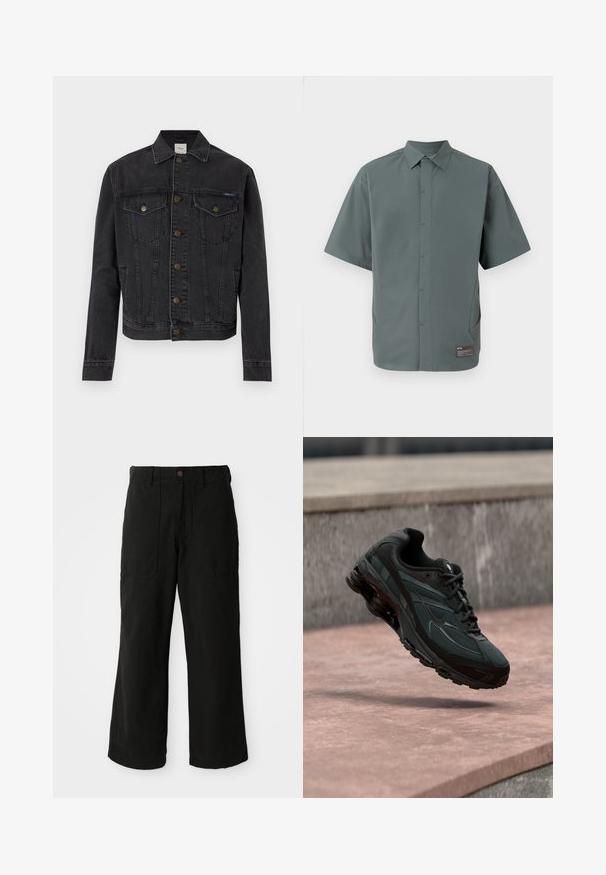 Veste en denim noir avec fermeture boutonnée, deux poches poitrine à rabat avec boutons, poches latérales et col, posée à plat sur fond blanc.; Chemise à manches courtes en tissu vert discret, dotée d'un col classique, d'une fermeture à boutons sur le devant, de poches latérales et d'une étiquette au bas.; Pantalons noirs à large jambe en tissu doux, dotés de poches avant et d'une fermeture à bouton à la taille. Design minimaliste sans motifs visibles.; Baskets athlétiques noires avec une semelle intercalaire à coussin d’air visible flottant au-dessus d’une surface en pierre rose avec un mur en pierre gris en arrière-plan.