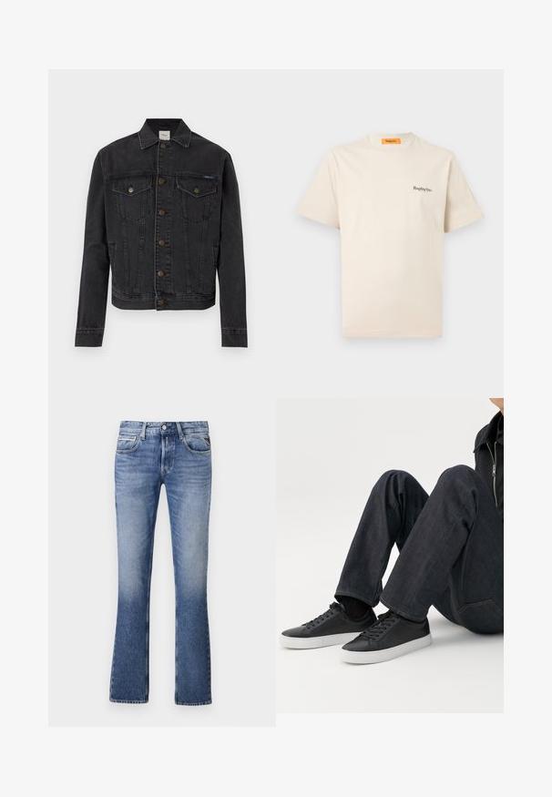 Sort denimjakke med knaplukning foran, to brystlommer med knapper, sidelommer og en krave, lagt fladt på hvid baggrund.; Replay Inc. ESSENTIAL LOGO UNISEX - T-shirts basic - ivory; Lyseblå denimjeans med en udvidet ben-design, der har fem lommer, en knaplukning foran og diskret falmning overalt.; Person siddende med bøjede ben, iført mørkeblå jeans og sorte lave sneakers med hvide såler på en hvid baggrund.