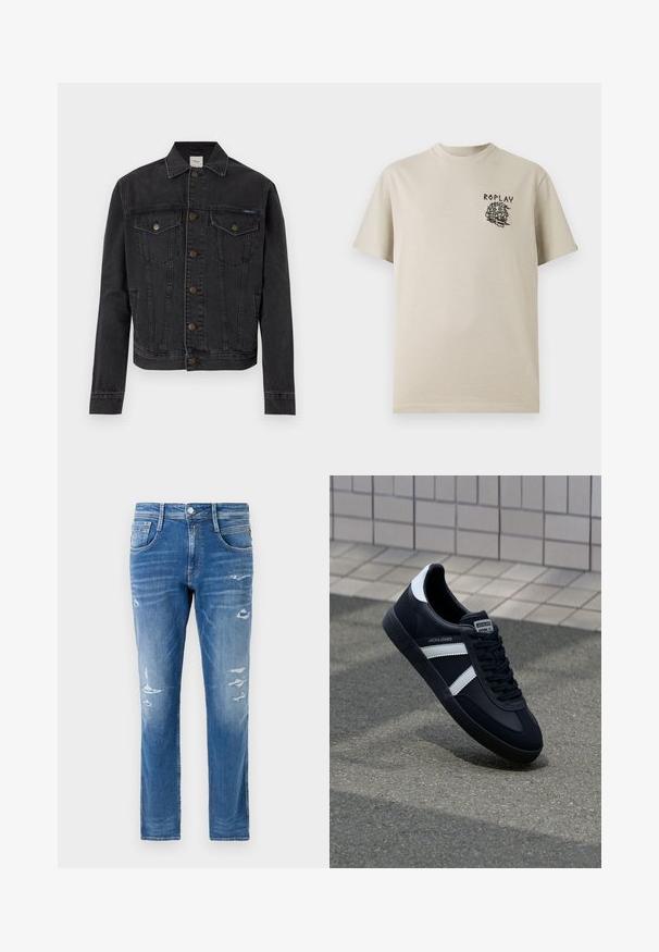 Schwarze Jeansjacke mit Knopfleiste, zwei Brustpatentaschen mit Knöpfen, Seitentaschen und Kragen, flach auf weißem Hintergrund ausgelegt.; Beige Baumwoll-T-Shirt mit rundem Halsausschnitt und kurzen Ärmeln. Auf der Vorderseite ist ein schwarzes, illustriertes Grafikmotiv sowie das Wort "REPLAY" zu sehen.; Denim-Jeans in einer hellblauen Wäsche mit regulärer Passform. Mit abgenutzten Details und subtilen Auswaschungen in der Nähe der Taschen und Knie.; Schwarze Leder-Sneaker mit weißen Streifen, strukturiertem Gummisohle und Schnürung. Verfügt über ein Markenetikett auf der Zunge.