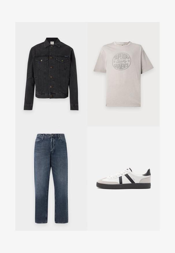 Sort denimjakke med knaplukning foran, to brystlommer med knapper, sidelommer og en krave, lagt fladt på hvid baggrund.; Grå t-shirt med korte ærmer lavet af bomuld og rund halsudskæring. Har et cirkulært grafisk design, der viser teksten "Superior Quality Garments."; Jack & Jones Loose-fit JJIEDDIE JJORIGINAL SQ 227 - Baggy jeans - blue denim; Hvide sneakers med sorte og grå detaljer, med en tekstureret grå tåhætte, sort gummisål og flade hvide snørebånd. Rent design, minimalistisk stil.