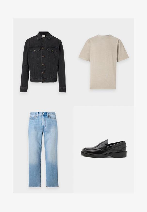 Sort denimjakke med knaplukning foran, to brystlommer med knapper, sidelommer og en krave, lagt fladt på hvid baggrund.; Kortærmet T-shirt i lys beige med rund hals, lavet af blødt stof, med en glat tekstur og et enkelt design uden grafik.; Lys blå denim jeans med lige ben-design, der har en falmet vask, standard fem-lomme styling og en klassisk knaplukning.; Sorte læder loafers med en glat finish, rund tå, lav hæl og dekorativ syning langs forsiden. Gummisål for godt greb.