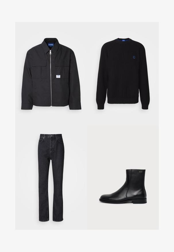 Schwarze Jacke mit Reißverschluss vorne, spitzem Kragen und zwei Brusttaschen. Verfügt über ein gesticktes Logo und strukturiertes Material. Figurbetonter Schnitt mit langen Ärmeln.; Schwarzer gestrickter Pullover mit rundem Ausschnitt, gerippten Bündchen und Saum, mit einem blauen Logo auf der Brust. Glatte Textur, lässige Passform.; Hochtaillierte schwarze Jeans aus Denim mit Knopf- und Reißverschluss, Vorder- und Hintertaschen sowie einer geraden Passform.; Schwarzer Leder-Knöchelstiefel mit niedrigem Absatz, seitlicher Naht und kleinem "HUGO" Logo am oberen Schaft vor einfarbigem Hintergrund.