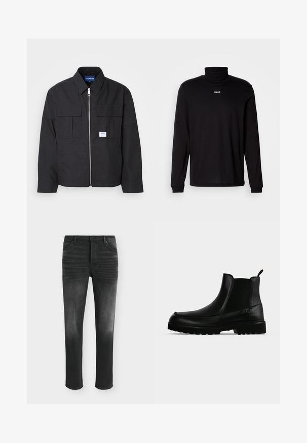 Zwarte jas met rits aan de voorkant, gespitste kraag en twee borstzakken. Bevat een patchlogo en textuurstof. Getailleerde pasvorm met lange mouwen.; Zwarte turtleneckshirt met lange mouwen, gemaakt van soepel materiaal, met een witte "HUGO" logo op de borst, en met aansluitende manchetten en zoom.; Zwarte skinny-fit jeans met vervaagde details, vijfzakkenstijl en knoopsluiting in de taille.; Zwarte leren enkellaars met een gestructureerde zool, elastische zijpanelen en een trekriempje op een lichtgrijze achtergrond.