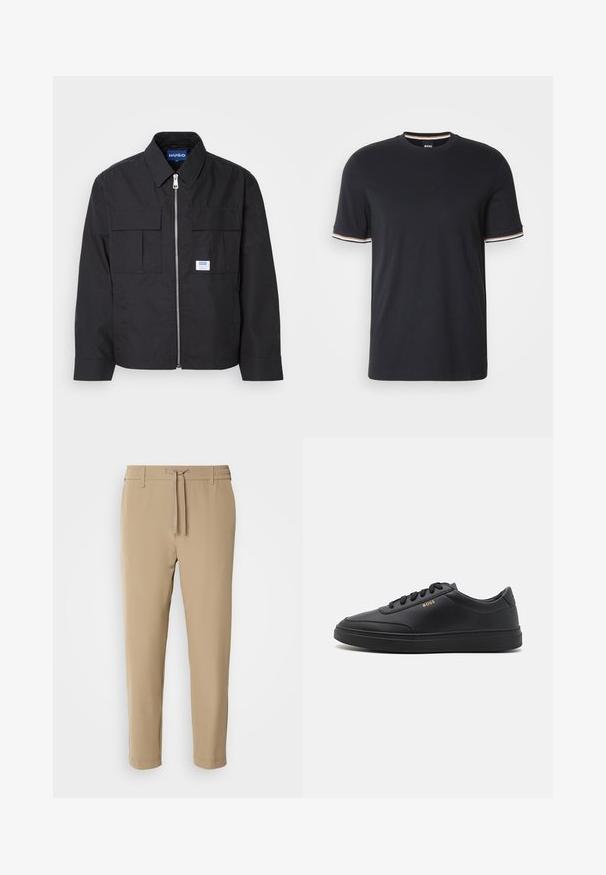 Schwarze Jacke mit Reißverschluss vorne, spitzem Kragen und zwei Brusttaschen. Verfügt über ein gesticktes Logo und strukturiertes Material. Figurbetonter Schnitt mit langen Ärmeln.; Schwarzes Baumwoll-T-Shirt mit Rundhalsausschnitt und kurzen Ärmeln, die an den Bündchen mit gestreiften Akzenten in Weiß, Orange und Blau versehen sind.; Beige, taillierte Hose mit elastischem Bund und Kordelzug. Glattes Material mit einem schlichten Design ohne sichtbare Muster oder Hardware.; Schwarze Leder-Sneaker mit glatter Textur, runder Zehenpartie, flacher Gummisohle und einfarbigen Schnürsenkeln. Mit goldfarbenem "BOSS" Logo an der Seite.