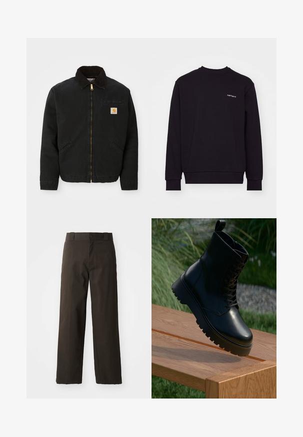 Veste noire à zip avec un col en velours côtelé marron, deux poches latérales et un petit patch carré avec le logo Carhartt sur la poitrine gauche.; Sweatshirt noir en matériau doux avec un col rond, des manches longues et des poignets côtelés. Présente un petit logo blanc sur la poitrine.; Pantalons en coton noirs avec une coupe droite, dotés d'une fermeture à bouton et d'une taille classique. Texture lisse, sans motifs ni accents.; Bottines noires en cuir avec une surface texturée, un laçage à l'avant et une semelle chunky à rainures. Exposées sur une surface en bois avec un fond en herbe.