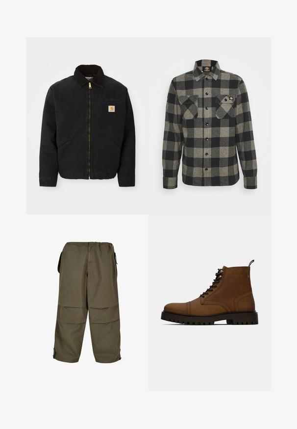 Čierna zipsová bunda s hnedým kordovým golierom, dvoma bočnými vreckami a malou štvorcovou nášivkou s logom Carhartt na ľavej hrudi.; Čierno-sivá károvaná flanelová košeľa s dlhými rukávmi, zapínaním na gombíky vpredu, dvoma náprsníkmi a mierne zakriveným spodným okrajom. Textúrovaná tkanina.; Khaki cargo nohavice s elastickým pásom, bočnými vreckami a použitím patentkov. Látka má hladkú, ľahkú textúru.; Hnedé kožené šnurovacie členkové topánky s hrubou čiernou podrážkou a pútkom na bielom pozadí.